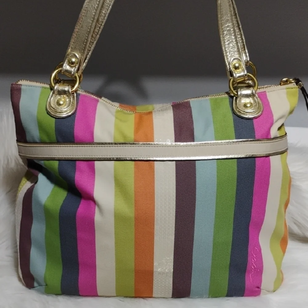 SALE! Coach Poppy Legacy Sequined Striped Shoulder Bag & Matching Wristlet - Picture 4 of 16